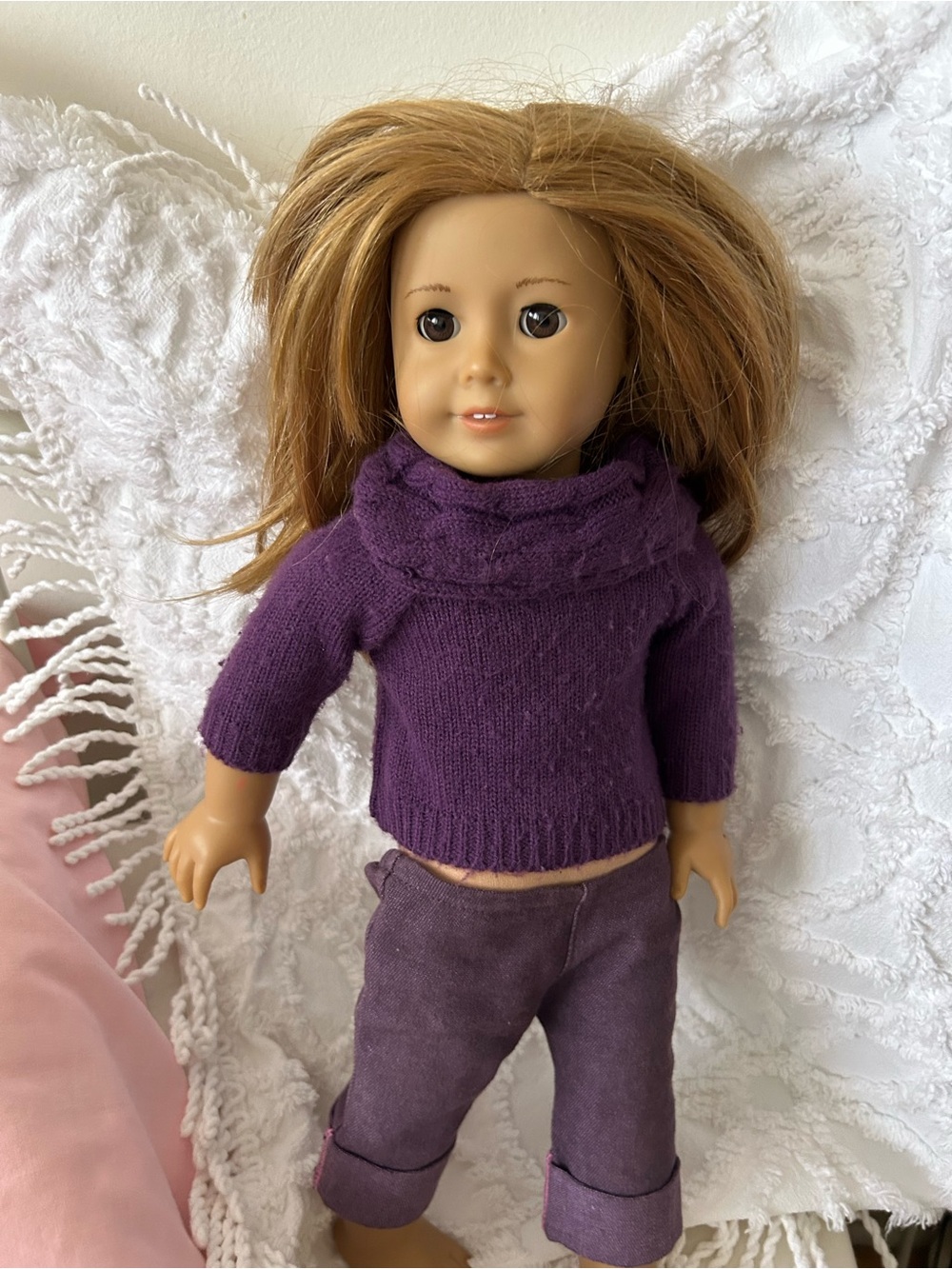 American Girl Doll in Labeled AG Purple Outfit, Earrings. Shoes.